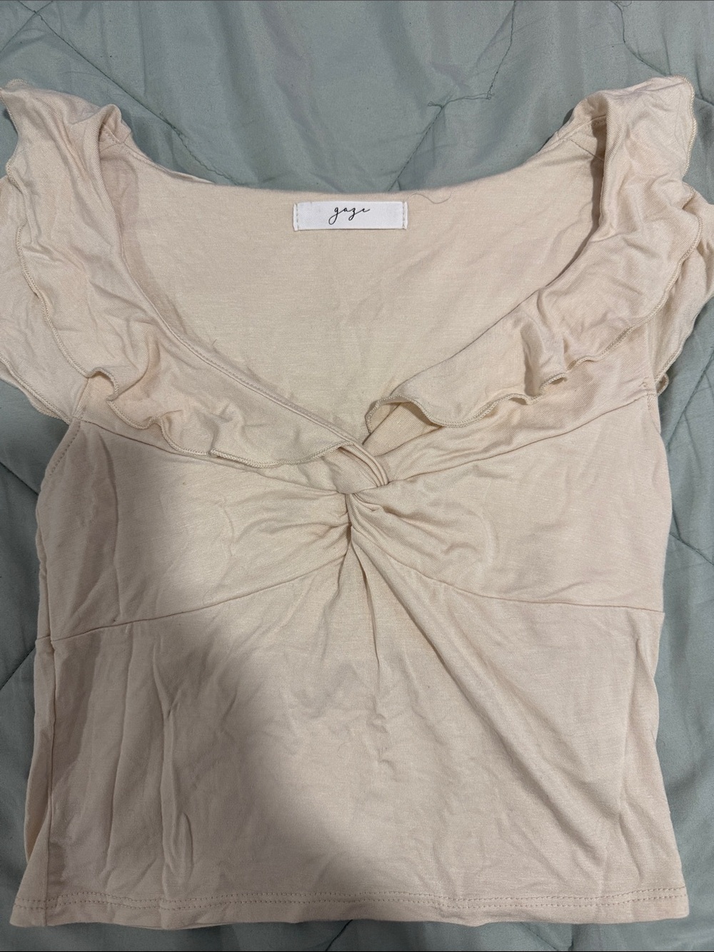 gaze Cream Ruffle Knot Front Crop Top